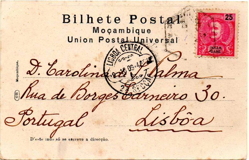3181.jpg -     Lote:    3181      Lotes pelo Correio              Descrição:         1903 &mdash; D. Carlos I Mouchon. CE20, 25 reis carmim, em postal ilustrado circulado de Inhambane para Lisboa (09.10.09).        PI       Valor Base:     &euro; 10,00     Valor Venda:     &euro;      