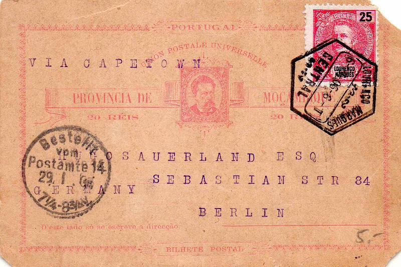 3188.jpg -     Lote:    3188      Lotes pelo Correio              Descrição:         1903 &mdash; D. Carlos I Mouchon. CE70, 25 reis carmim. Selo sobre inteiro postal de 20 reis de D. Luís I já retirado de circulação e utilizado como simples postal ilustrado, circulado de L. Marques (06.01.06) para Berlim (29.01.06). Defeito no inteiro.        IC       Valor Base:     &euro; 15,00     Valor Venda:     &euro;      