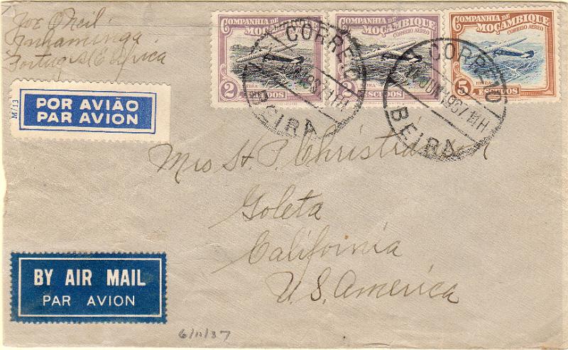 3198.jpg -     Lote:    3198      Lotes pelo Correio              Descrição:         1935 &mdash; Inauguração do Correio Aéreo (selos retangulares). Sobrescrito circulado da Beira (11.06.37) para os EUA com dois selos de 2$00 e um selo de 5$00, CE CA22/23.        Carta       Valor Base:     &euro; 20,00     Valor Venda:     &euro;      