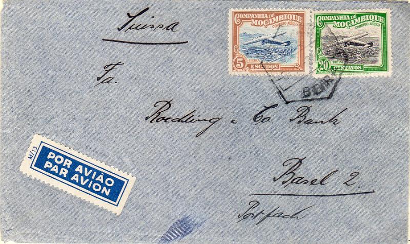 3199.jpg -     Lote:    3199      Lotes pelo Correio              Descrição:         1935 &mdash; Inauguração do Correio Aéreo (tipo retangular). Sobrescrito circulado por via aérea da Beira (08.10.38) para a Suiça (12.10.38) com selos de 20C e 5E, CE14 e 23. MB.        Carta       Valor Base:     &euro; 10,00     Valor Venda:     &euro;      
