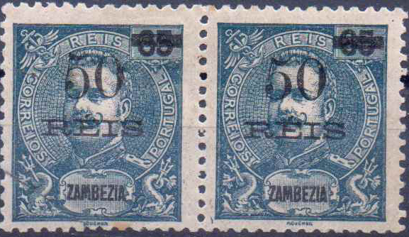 3207.jpg -     Lote:    3207      Lotes pelo Correio              Descrição:         1905 &mdash; D. Carlos I Mouchon, com sobretaxa. CE54, 50 s/ 65 reis. Par de selos, um com sobrecarga tipo I e outro com sobrecarga tipo II (selo reparado e com ponto de óxido). Valor de catálogo &euro; 212,00.        **       Valor Base:     &euro; 12,00     Valor Venda:     &euro;      