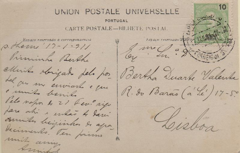 3211.jpg -     Lote:    3211      Lotes pelo Correio              Descrição:         1898/1901 &mdash; D. Carlos I Mouchon. CE45, 10 reis verde em postal ilustrado circulado de S. Tomé (17.01.11) para Lisboa.        PI       Valor Base:     &euro; 18,00     Valor Venda:     &euro;      