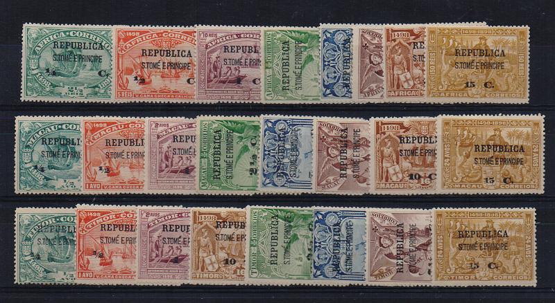3215.jpg -     Lote:    3215      Lotes pelo Correio              Descrição:         1913 &mdash; 4.º Centenário do Descobrimento do Caminho Marítimo para a Índia, com sobrecarga REPUBLICA e sobretaxa, sobre selos de África, Macau e Timor. CE175/198. As três séries completas. Valor de catálogo &euro; 87,00.        **       Valor Base:     &euro; 12,00     Valor Venda:     &euro;      