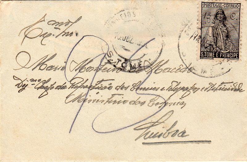 3216.jpg -     Lote:    3216      Lotes pelo Correio              Descrição:         1934 &mdash; Ceres. Novo tipo. Sobrescrito de reduzidas dimensões (impressos) circulado de S. Tomé (16.12.36) para Lisboa, com selo de 15C preto CE282.        Carta       Valor Base:     &euro; 25,00     Valor Venda:     &euro;      