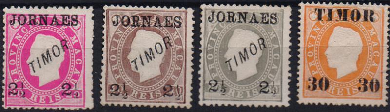 3226.jpg -     Lote:    3226      Lotes pelo Correio              Descrição:         1892 &mdash; D. Luís I. Fita direita. Selos de Macau, com sobrecarga. CE2&frac12;4. Série completa em denteado 12 &frac12;. Valor de catálogo &euro; 35,00.        *       Valor Base:     &euro; 8,00     Valor Venda:     &euro;      