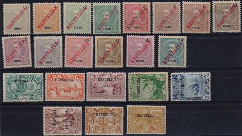 3228.jpg -     Lote:    3228      Lotes pelo Correio              Descrição:         1911/13 &mdash; D. Carlos I, com sobrecarga REPUBLICA da Casa da Moeda + 4.º Centenário da Índia, com sobrecarga REPUBLICA. CE112/125 + CE126/133. As duas séries completas. Valor de catálogo &euro; 58,00.        **/*       Valor Base:     &euro; 12,00     Valor Venda:     &euro;      