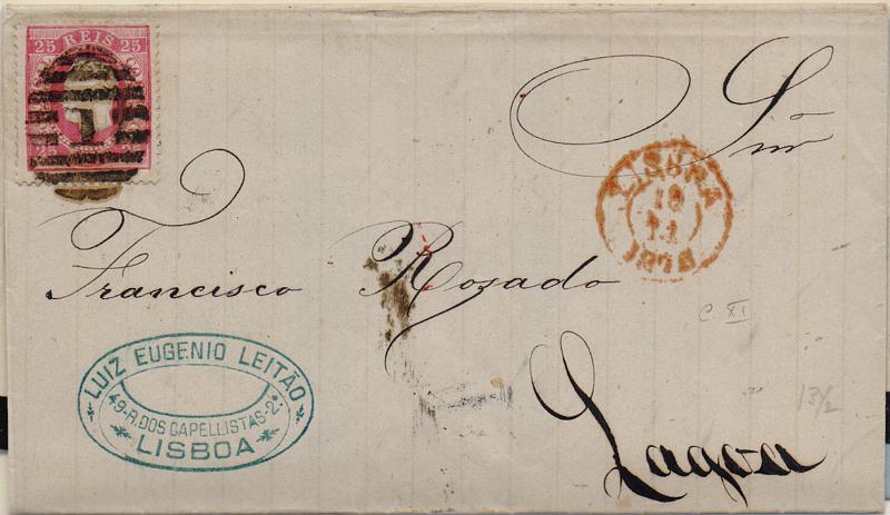 3244.jpg -     Lote:    3244      Lotes pelo Correio              Descrição:         Carimbos circulares datados, tipo 1852. 1870/76 &mdash; D. Luís I, fita direita. CE40, 25 reis. Lote de duas cartas circuladas de Lisboa. Carimbos batidos a vermelho "LISBOA".        Carta       Valor Base:     &euro; 8,00     Valor Venda:     &euro;      
