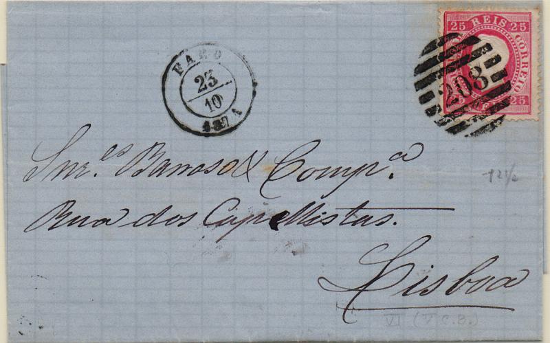 3245.jpg -     Lote:    3245      Lotes pelo Correio              Descrição:         Carimbos circulares datados, tipo 1852. 1870/76 &mdash; D. Luís I, fita direita. CE40, 25 reis em carta circulada de Faro (23.10.71) para Lisboa. Carimbo batido a preto de "FARO" + Carimbo 2,ª reforma "208".        Carta       Valor Base:     &euro; 6,00     Valor Venda:     &euro;      
