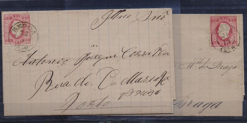 3247.jpg -     Lote:    3247      Lotes pelo Correio              Descrição:         Carimbos circulares datados, tipo 1852. 1870/76 &mdash; D. Luís I, fita direita. CE40, 25 reis carmim. Duas cartas circuladas e obliterados com carimbos da "REGOA" e "VIZEU".        Lote       Valor Base:     &euro; 12,00     Valor Venda:     &euro;      