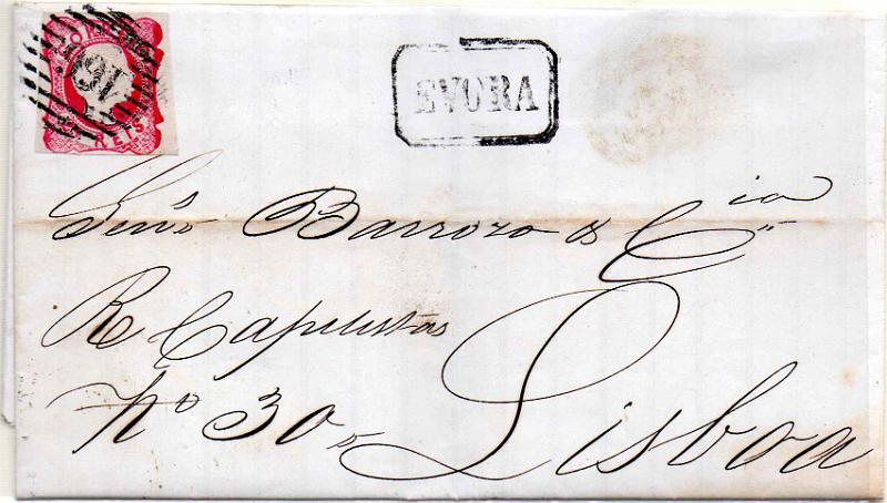 3249.jpg -     Lote:    3249      Lotes pelo Correio              Descrição:         Carimbos nominativos. 1856/58 &mdash; D. Pedro V. cabelos anelados. CE13, 25 reis, com margens curtas em carta circulada de Évora (15.08.59). Carimbos batidos a preto numérico "166" tipo 3.5.3 e nominativo "EVORA".        Carta       Valor Base:     &euro; 6,00     Valor Venda:     &euro;      