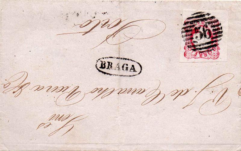 3251.jpg -     Lote:    3251      Lotes pelo Correio              Descrição:         Carimbos nominativos. 1856/58 &mdash; D. Pedro V. cabelos anelados. CE13, 25 reis, com margens muito largas em carta circulada de Braga (25.10.58). Carimbos batidos a preto numérico "56" tipo 3.5.3 e nominativo "BRAGA".        Carta       Valor Base:     &euro; 6,00     Valor Venda:     &euro;      