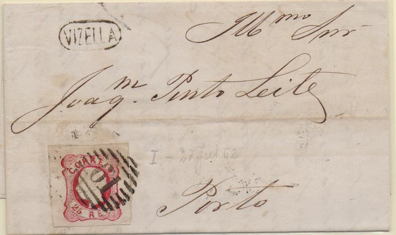 3255.jpg -     Lote:    3255      Lotes pelo Correio              Descrição:         Carimbos nominativos. 1862/64 &mdash; D. Luís I. CE16, 25 reis carmim rosa, com margens de luxo em carta circulada de Vizela (27.07.62) para o Porto (28.07.62). Prmeiro mês de circulação do selo. Carimbo batido a preto "VIZELLA" + numérico "61".        Carta       Valor Base:     &euro; 15,00     Valor Venda:     &euro;      