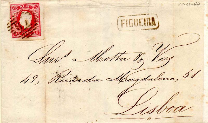 3258.jpg -     Lote:    3258      Lotes pelo Correio              Descrição:         Carimbos nominativos. 1866/67 &mdash; D. Luís I, fita curva, não denteados. CE22, 25 reis em carta circulada da Figueira (21.11.67) para Lisboa. Carimbo batido a preto da "FIGUEIRA".        Carta       Valor Base:     &euro; 6,00     Valor Venda:     &euro;      