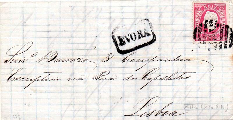 3261.jpg -     Lote:    3261      Lotes pelo Correio              Descrição:         Carimbos nominativos. 1870/76 &mdash; D. Luís I, fita direita. CE40, 25 reis carmim, denteado 13 &frac12; em carta circulada de Évora para a Lisboa (16.07.77). Carimbo nominativo batido a preto de "ÉVORA" e numérico da 2.ª reforma "197".        Carta       Valor Base:     &euro; 6,00     Valor Venda:     &euro;      