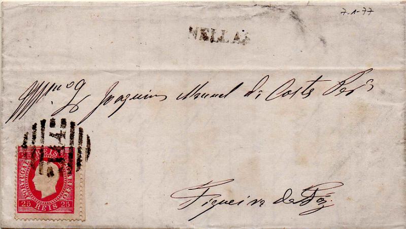 3267.jpg -     Lote:    3267      Lotes pelo Correio              Descrição:         Carimbos nominativos. 1870/76 &mdash; D. Luís I, fita direita. CE40, 25 reis carmim, denteado 13 &frac12; em carta circulada de Nelas (07.01.77 para a Figueira. Carimbo nominativo batido a preto de "NELLAS" e numérico da 2.ª reforma "144 &mdash; NELLAS".        Carta       Valor Base:     &euro; 8,00     Valor Venda:     &euro;      
