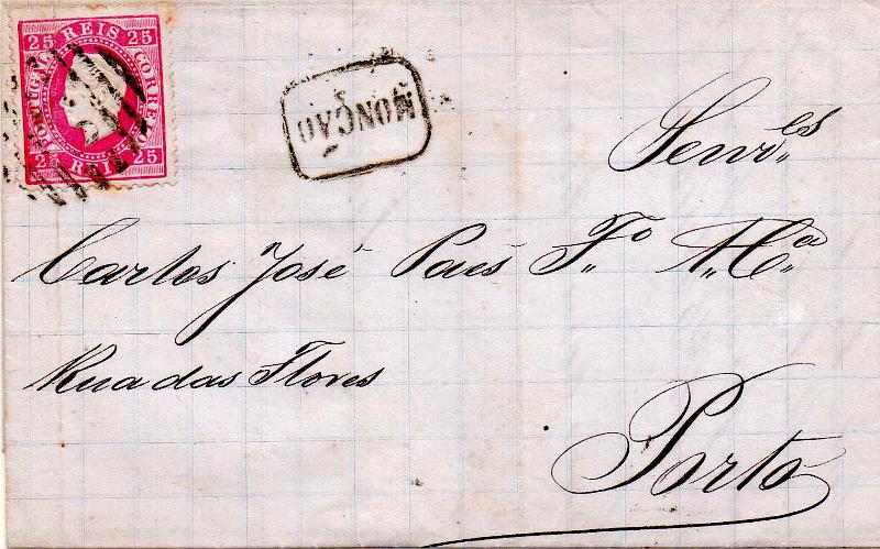 3268.jpg -     Lote:    3268      Lotes pelo Correio              Descrição:         Carimbos nominativos. 1870/76 &mdash; D. Luís I, fita direita. CE40, 25 reis carmim, denteado 12 &frac12; em carta circulada de Monção para o Porto (26.08.72). Carimbo nominativo batido a preto de "Monção" e numérico da 2.ª reforma "62".        Carta       Valor Base:     &euro; 8,00     Valor Venda:     &euro;      