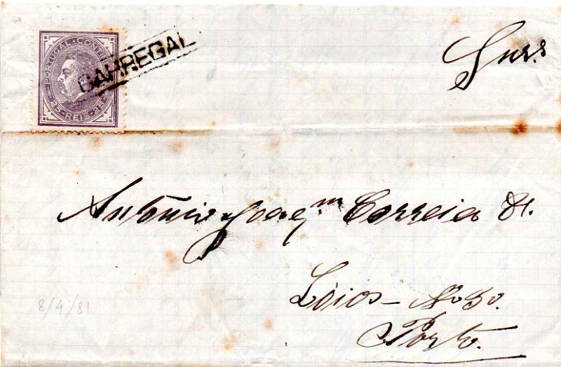3272.jpg -     Lote:    3272      Lotes pelo Correio              Descrição:         Carimbos nominativos. 1880/81 &mdash; D. Luís I, de perfil. CE54, 25 reis, denteado 12 &frac12;, em sobrescrito circulado de carregal do Sal para o Porto (08.04.81). Selo obliterado com carimbo batido a preto "CARREGAL". MB e R.        Carta       Valor Base:     &euro; 15,00     Valor Venda:     &euro;      
