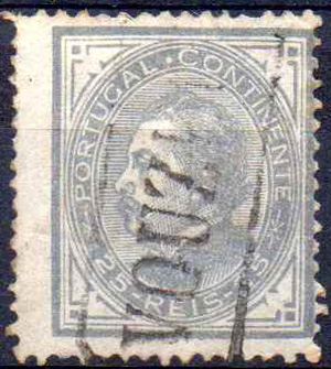 3274.jpg -     Lote:    3274      Lotes pelo Correio              Descrição:         Carimbos nominativos. 1880/81 &mdash; D. Luís I. De perfil. CE54, 25 reis cinzento, com carimbo batido a preto de "VOUZELLA".        O       Valor Base:     &euro; 5,00     Valor Venda:     &euro;      