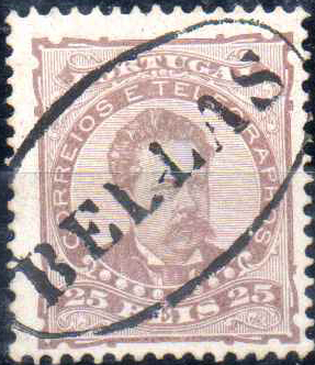 3279.jpg -     Lote:    3279      Lotes pelo Correio              Descrição:         Carimbos nominativos. 1882/83 &mdash; D. Luís. De frente. CE57, 25 reis castanho obliterado com carimbo batido a preto "BELLAS".        O       Valor Base:     &euro; 6,00     Valor Venda:     &euro;      
