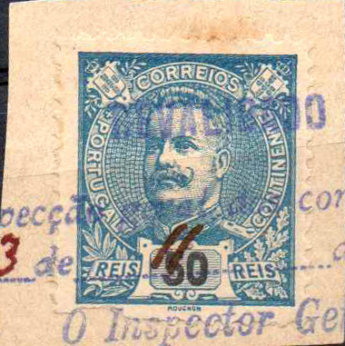 3284.jpg -     Lote:    3284      Lotes pelo Correio              Descrição:         1895/96 &mdash; D. Carlos I Mouchon. CE132, 50 reis azul, em fragmento com obliteração a azul "REVALIDADO / INSPECÇÂO GERAL DO CORREIO".        FRG       Valor Base:     &euro; 8,00     Valor Venda:     &euro;      