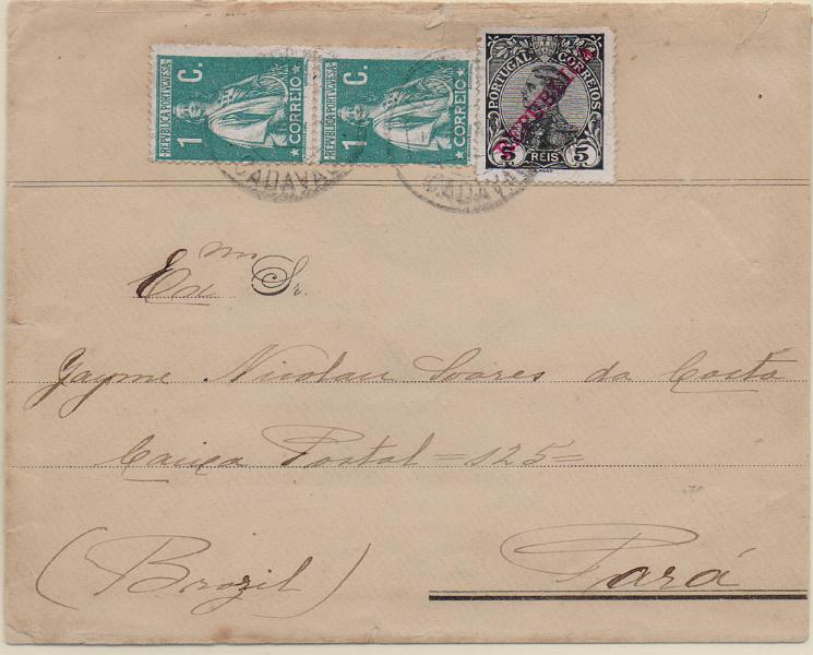 3285.jpg -     Lote:    3285      Lotes pelo Correio              Descrição:         Carimbos circulares datados, tipo 1880. 1910/12 &mdash; D. Manuel II, com sobrecarga REPUBLICA + Ceres. Sobrescrito circulado do Cadaval (17.04.12) para o Brasil, com selo de 5 reis CE171 e dois selos de 1c CE208 e 2 &frac12; c CE211, obliterados com carimbo batido a preto "CADAVAL".        Carta       Valor Base:     &euro; 16,00     Valor Venda:     &euro;      
