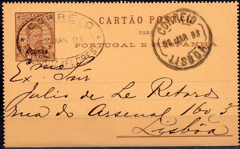 3286.jpg -     Lote:    3286      Lotes pelo Correio              Descrição:         Carimbos de dupla oval. 1887 &mdash; D. Luís I, de frente. Bilhetes-postais do Continente com sobrecarga pequena AÇORES. OM1, 25 reis castanho. Circulado de Santa Cruz (Flores) (02.01.93) para Lisboa (21.03.93). Carimbo batido a preto "CORREIO / STª CRUZ (FLORES).        IC       Valor Base:     &euro; 6,00     Valor Venda:     &euro;      