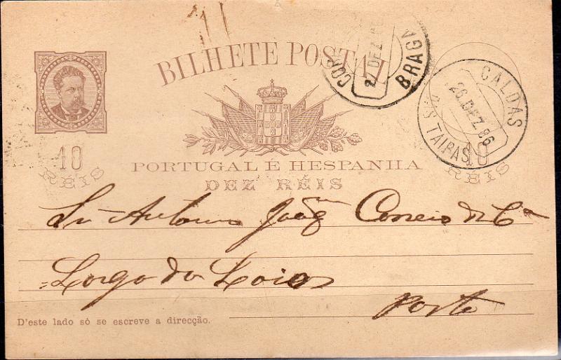 3289.jpg -     Lote:    3289      Lotes pelo Correio              Descrição:         Carimbos circulares datados tipo 1880. 1884/87 &mdash; D. Luís I, de frente. OM9, 10 reis castanho claro. Circulado de Caldas das Taipas (26.12.86) para Braga (27.12.86). Carimbo batido a preto sem topónimo CTT "CALDAS DAS TAIPAS".        IC       Valor Base:     &euro; 6,00     Valor Venda:     &euro;      