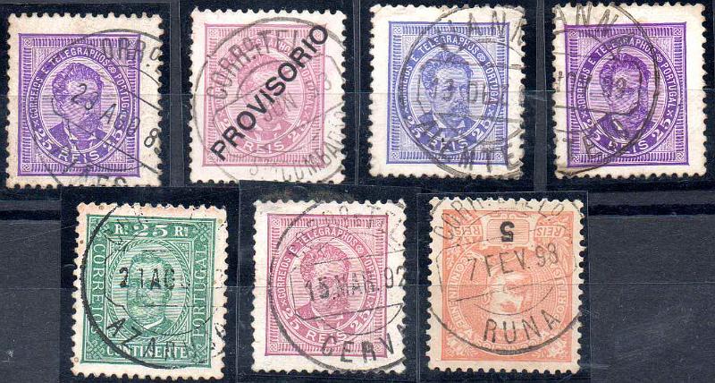 3290.jpg -     Lote:    3290      Lotes pelo Correio              Descrição:         Carimbos circulares datados, tipo 1880. Lote com 7 selos D. Luís I, de frente e D. Carlos I Mouchon, obliterados com carimbos batidos a preto de "PIÃES, S.TA COMBADÃO, VIANNA / ALEMTEJO, AZARUJA, CERVA e RUNA".        Lote       Valor Base:     &euro; 15,00     Valor Venda:     &euro;      