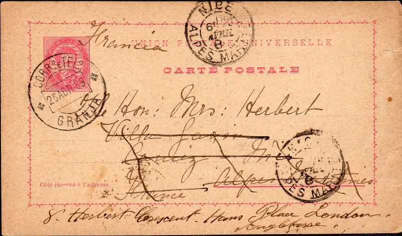 3291.jpg -     Lote:    3291      Lotes pelo Correio              Descrição:         Carimbos circulares datados, tipo 1880. OM10, 20 reis rosa. Circulado de Granja (25.04.89) para França. Carimbo batido a preto "GRANJA".        IC       Valor Base:     &euro; 8,00     Valor Venda:     &euro;      