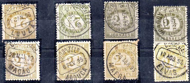 3292.jpg -     Lote:    3292      Lotes pelo Correio              Descrição:         Carimbos circulares datados, tipo 1880. Lote 8 com selos tipo Jornaes de 2 &frac12; reis CE48, obliterados com carimbos batidos a preto de "LOUZÃ, BARCELLOS, MAÇÃO, O. DE AZEMÉIS, AROUCA, MAFRA, ELVAS e AGUEDA".        Lote       Valor Base:     &euro; 10,00     Valor Venda:     &euro;      