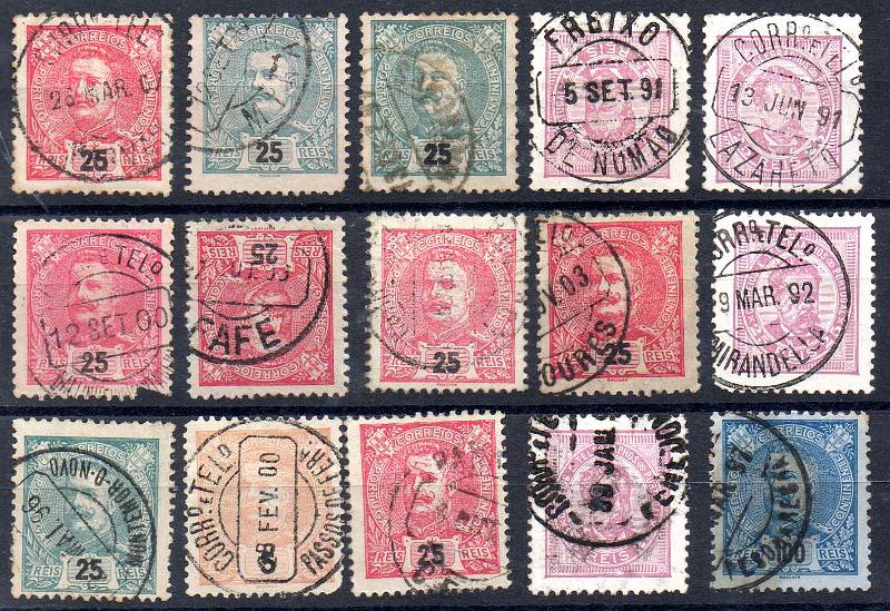 3294.jpg -     Lote:    3294      Lotes pelo Correio              Descrição:         Carimbos circulares datados, tipo 1880. Lote com 15 selos desde D. Luís I, de frente até D. Carlos I Mouchon, com carimbos batidos a preto. Lote a ver.        Lote       Valor Base:     &euro; 6,00     Valor Venda:     &euro;      