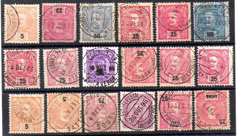 3295.jpg -     Lote:    3295      Lotes pelo Correio              Descrição:         Carimbos circulares datados, tipo 1880. Lote com 18 selos desde Jornaes até D. Carlos I Mouchon, com carimbos batidos a preto. Lote a ver.        Lote       Valor Base:     &euro; 6,00     Valor Venda:     &euro;      
