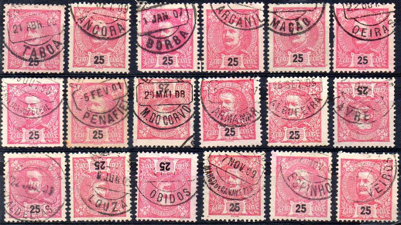 3296.jpg -     Lote:    3296      Lotes pelo Correio              Descrição:         Carimbos circulares datados, tipo 1880. Lote 18 com selos tipo D. Carlos I Mouchon de 25 rei carmim CE141, obliterados com carimbos batidos a preto todos diferentes.        Lote       Valor Base:     &euro; 10,00     Valor Venda:     &euro;      