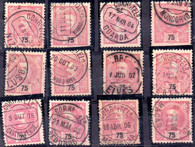 3299.jpg -     Lote:    3299      Lotes pelo Correio              Descrição:         Carimbos circulares datados, tipo 1880. Lote 12 com selos tipo D. Carlos I Mouchon de 25 reis carmim CE141, obliterados com carimbos batidos a preto todos diferentes.        Lote       Valor Base:     &euro; 15,00     Valor Venda:     &euro;      