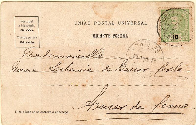 3300.jpg -     Lote:    3300      Lotes pelo Correio              Descrição:         Carimbos circulares datados, tipo 1880. Postal ilustrado circulado com selo de 10 reis D. Carlos I Mouchon, de Alcanhões (29.05.04) para Aveiras de Cima (31.05.04). Carimbos batidos a preto de "ALCANHÕES" e "AVEIRAS / DE CIMA".        PI       Valor Base:     &euro; 8,00     Valor Venda:     &euro;      