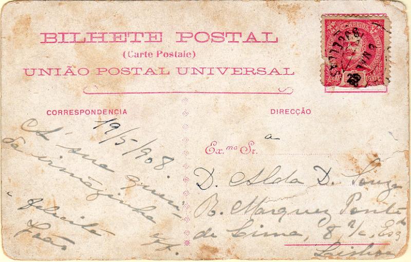 3301.jpg -     Lote:    3301      Lotes pelo Correio              Descrição:         Carimbos circulares datados, tipo 1880. Postal ilustrado circulado com selo de 25 reis D. Carlos I Mouchon, de Bucelas (19.05.08) para Lisboa. Carimbo batido a preto de "BUCELLAS".        PI       Valor Base:     &euro; 8,00     Valor Venda:     &euro;      