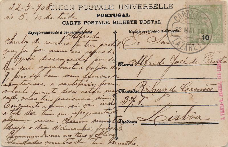 3302.jpg -     Lote:    3302      Lotes pelo Correio              Descrição:         Carimbos circulares datados, tipo 1880. 1895/96 &mdash; D. Carlos I Mouchon. Selo de 10 reis CE128 circulado de Lazareto (23.05.08) para Lisboa. Carimbo batido a preto de "LAZARETO".        PI       Valor Base:     &euro; 8,00     Valor Venda:     &euro;      