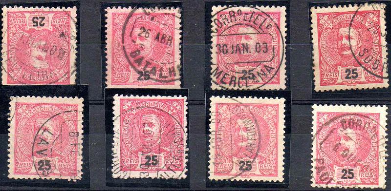 3303.jpg -     Lote:    3303      Lotes pelo Correio              Descrição:         Carimbos circulares datados, tipo 1880. Lote com 8 selos tipo D. Carlos I Mouchon de 25 reis carmim CE141, obliterados com carimbos batidos a preto de "FELITEIRA, BATALHA, MERCEANA, SOBRAL, LAVOS, ALTER DO CHÃO, VILLAR FORMOSO e PADERNE".        Lote       Valor Base:     &euro; 15,00     Valor Venda:     &euro;      