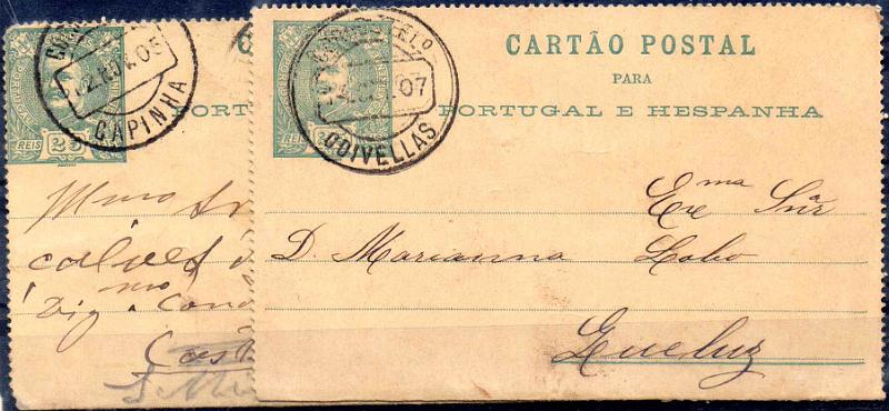 3307.jpg -     Lote:    3307      Lotes pelo Correio              Descrição:         Carimbos circulares datados tipo 1880. 1896 &mdash; D. Carlos I Mouchon. Bilhetes-Cartas. OM5, 25 reis verde. Circulados e obliterados com carimbos batidos a preto de "CAPINHA" e "ODIVELLAS".        IC       Valor Base:     &euro; 10,00     Valor Venda:     &euro;      