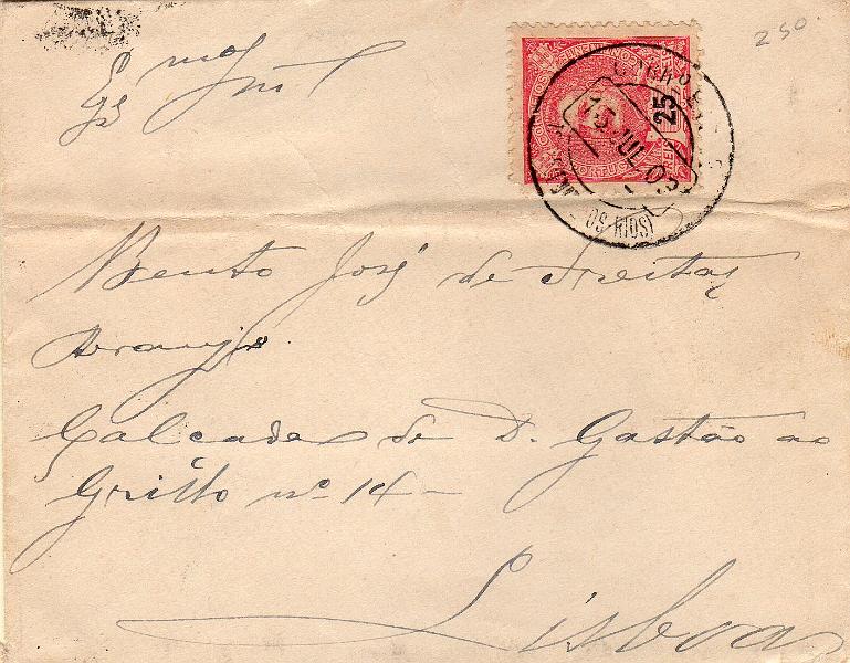 3308.jpg -     Lote:    3308      Lotes pelo Correio              Descrição:         Carimbos circulares datados tipo 1880. 1898 &mdash; D.Carlos I Muchon.CE141, 25 reis carmim em sobrescrito circulado da Torre (15.07.03) para Lisboa. Carimbo batido a preto "TORRE (ENTRE-OS-RIOS)".        Carta       Valor Base:     &euro; 8,00     Valor Venda:     &euro;      