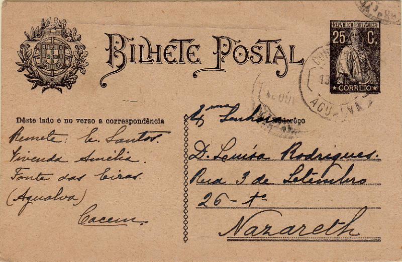 3314.jpg -     Lote:    3314      Lotes pelo Correio              Descrição:         1924/25 &mdash; Ceres. OM74, 25 reis preto. Circulado de Agualva (13.08.24) para a Nazaré. Carimbo batido a preto de "AGUALVA".        IC       Valor Base:     &euro; 10,00     Valor Venda:     &euro;      