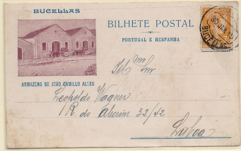 3315.jpg -     Lote:    3315      Lotes pelo Correio              Descrição:         Carimbos circulares datados, tipo 1880. 1917/20 &mdash; Ceres. CE223, 2c laranja em postal ilustrado circulado de Bucelas (30.01.19) para Lisboa. Carimbo a preto "BUCELLAS".        PI       Valor Base:     &euro; 6,00     Valor Venda:     &euro;      