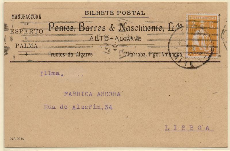 3316.jpg -     Lote:    3316      Lotes pelo Correio              Descrição:         Carimbos circulares datados, tipo 1880. 1917/20 &mdash; Ceres. CE223, 2c laranja em postal ilustrado circulado de Alte (25.04.19) para Lisboa. Carimbo a preto "ALTE".        PI       Valor Base:     &euro; 8,00     Valor Venda:     &euro;      