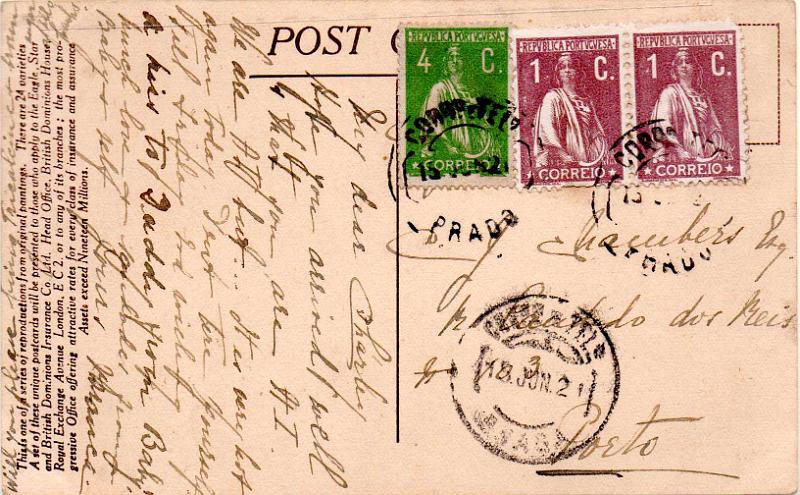 3317.jpg -     Lote:    3317      Lotes pelo Correio              Descrição:         Carimbos circulares datados, tipo 1880. 1917/20 &mdash; Ceres. Postal ilustrado circulado de Prado (15.06.21) para o Porto com par de selo de 1C CE221 e selo de 4c CE226. Carimbo batido a preto "PRADO".        PI       Valor Base:     &euro; 15,00     Valor Venda:     &euro;      