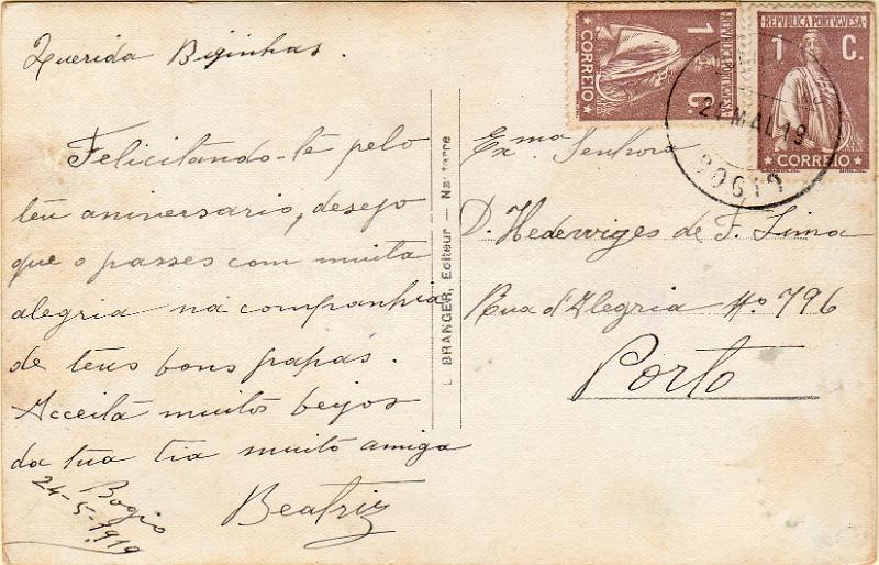 3323.jpg -     Lote:    3323      Lotes pelo Correio              Descrição:         Carimbos circulares datados, tipo 1880. 1917/20 &mdash; Ceres, CE221, 1C castanho, denteado 15x14. Dois selos em postal ilustrado circulado de Bogio (24.05.19) para o Porto. Carimbo batido a preto de "BOGIO".        PI       Valor Base:     &euro; 8,00     Valor Venda:     &euro;      