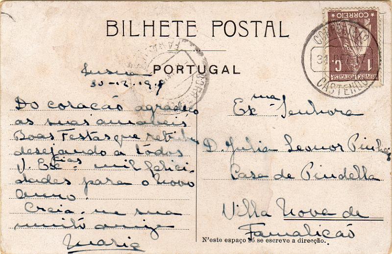 3325.jpg -     Lote:    3325      Lotes pelo Correio              Descrição:         Carimbos circulares datados, tipo 1880. 1917/20 &mdash; Ceres. CE221, 1c castanho em postal ilustrado circulado de Castendo (31.12.17) para Famalicão. Carimbo batido a preto de CASTENDO.        PI       Valor Base:     &euro; 10,00     Valor Venda:     &euro;      