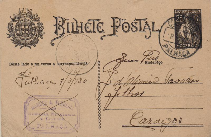 3326.jpg -     Lote:    3326      Lotes pelo Correio              Descrição:         Carimbos circulares datados, tipo 1880. 1924/26 &mdash; Ceres. OM74, 25c preto, circulado de Palhaça (08.03.30) para Cardigos. Carimbos a preto de PALHAÇA e CARDIGOS.        IC       Valor Base:     &euro; 15,00     Valor Venda:     &euro;      