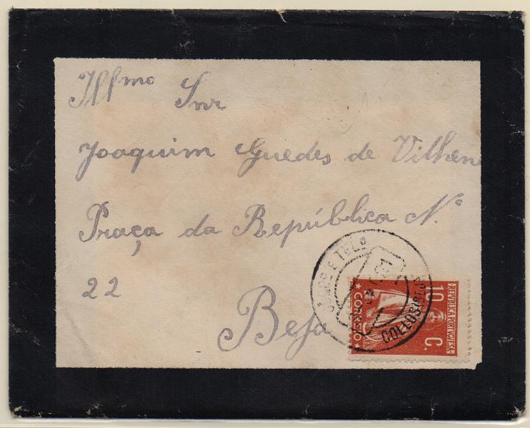 3327.jpg -     Lote:    3327      Lotes pelo Correio              Descrição:         Carimbos circulares datados, tipo 1880. 1912 &mdash; Ceres. CE215, 10c tijolo, em sobrescrito circulado de Collos (3.09.21) para Beja. Carimbo a preto de "COLLOS (BEJA)". R.        Carta       Valor Base:     &euro; 18,00     Valor Venda:     &euro;      