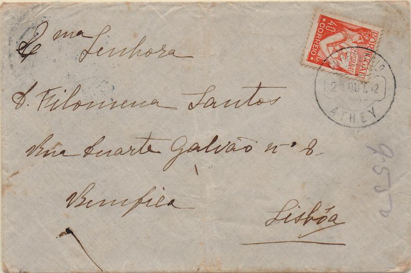 3328.jpg -     Lote:    3328      Lotes pelo Correio              Descrição:         Carimbos circulares datados. 1931 &mdash; Lusíadas. CE520, 40c em carta circulada de Athey(21.10.32) para lisboa. Carimbo batido a preto "ATHEY".        Carta       Valor Base:     &euro; 10,00     Valor Venda:     &euro;      