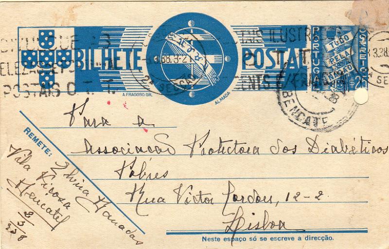 3329.jpg -     Lote:    3329      Lotes pelo Correio              Descrição:         Carimbos circulares datados. 1936/39 &mdash; Tudo pela Nação. OM83, $25 azul. Circulado de Bencante (02.03.38) para Lisboa. Carimbo batido a preto "BENCANTE". Furo de arquivo        IC       Valor Base:     &euro; 6,00     Valor Venda:     &euro;      